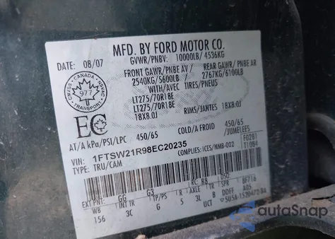 2008 Ford F-250 Fx4/Harley-Davidson/King Ranch/Lariat/Xl/Xlt from USA, damaged, VIN 1FTSW21R98EC20235